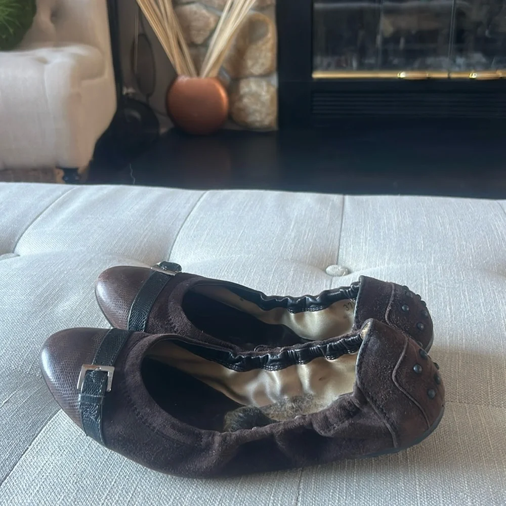 Tod’s Brown Suede Leather‎ Buckle Ballerina Flats Size 37.5